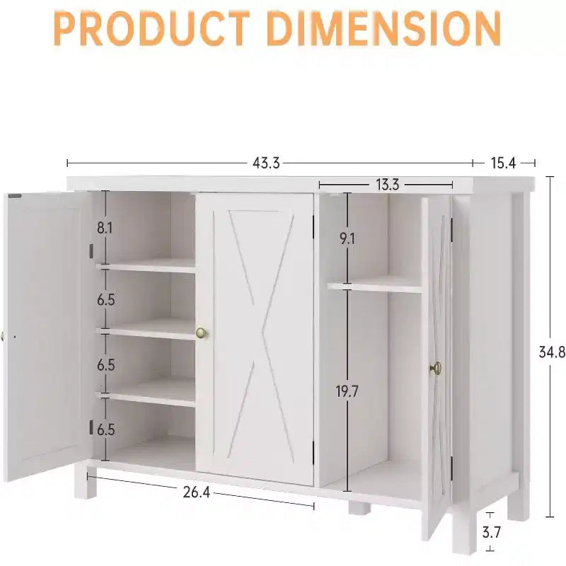 Meuble de rangement pour chaussures de ferme de 43 po avec 3 portes de grange, étagères réglables, range-chaussures étroit de grande capacité pour entrée et salon, blanc