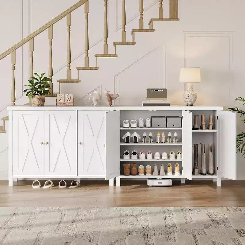 Meuble de rangement pour chaussures de ferme de 43 po avec 3 portes de grange, étagères réglables, range-chaussures étroit de grande capacité pour entrée et salon, blanc