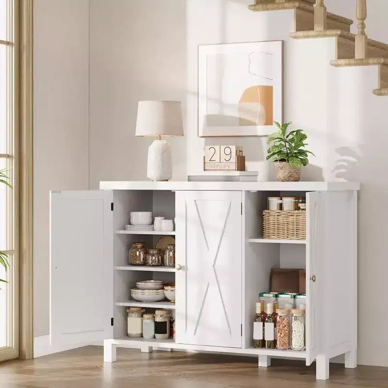 Meuble de rangement pour chaussures de ferme de 43 po avec 3 portes de grange, étagères réglables, range-chaussures étroit de grande capacité pour entrée et salon, blanc