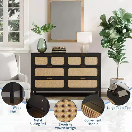 Commode à 6 tiroirs pour chambre à coucher, commode en rotin de 119 cm de large avec poignées métalliques, meuble de rangement en bois, meuble TV, organisateur de commode