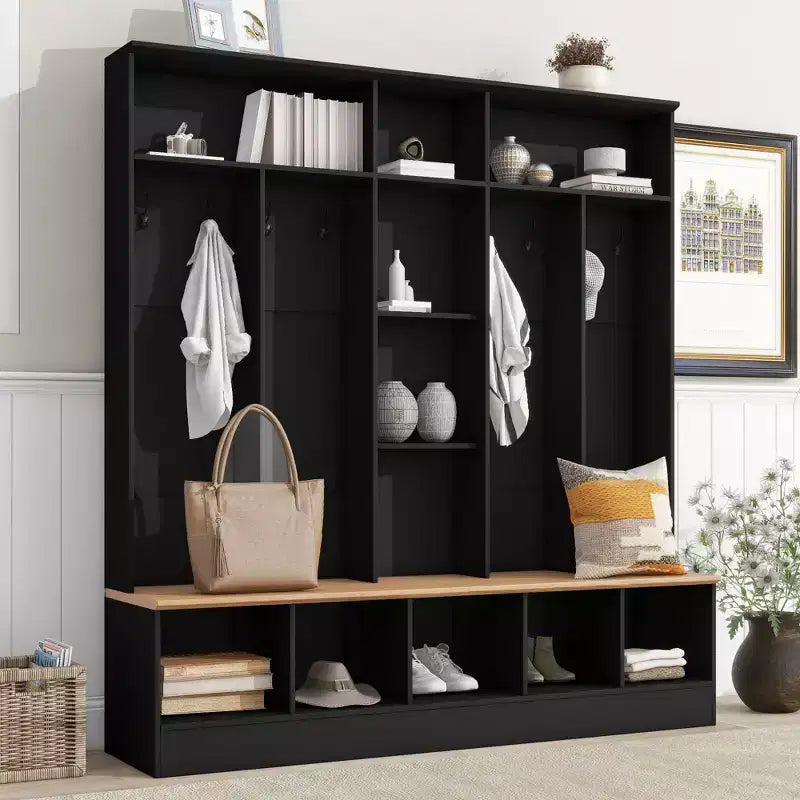 The Misty Moon Black Hall Tree with Storage Bench Shoe Cabinet with Cube Storage and Shelves, Multifunctional Coat Rack with 8 Hooks