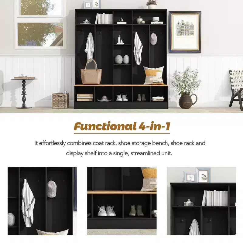 Le porte-manteau Misty Moon Black Hall Tree avec banc de rangement, meuble à chaussures avec rangement cube et étagères, patère multifonctionnelle avec 8 crochets
