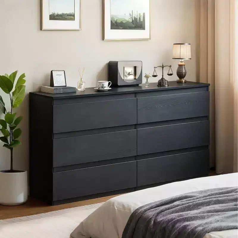 MAYEERTY Commode noire à 6 tiroirs, moderne, avec plateau spacieux, poignées dissimulées, 6 tiroirs profonds pour salon et entrée