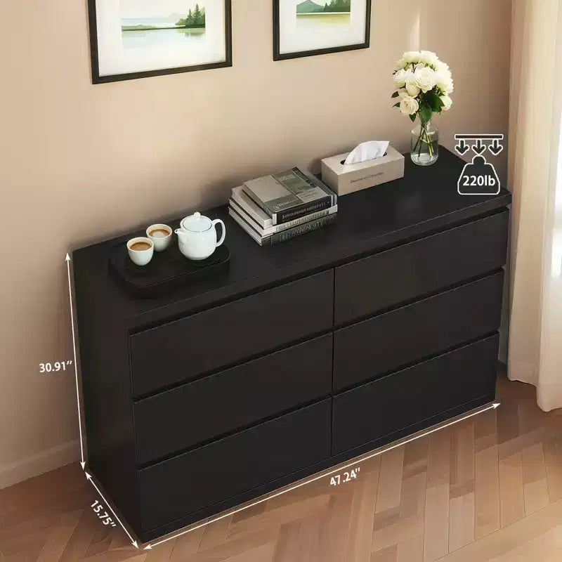 MAYEERTY Commode noire à 6 tiroirs, moderne, avec plateau spacieux, poignées dissimulées, 6 tiroirs profonds pour salon et entrée