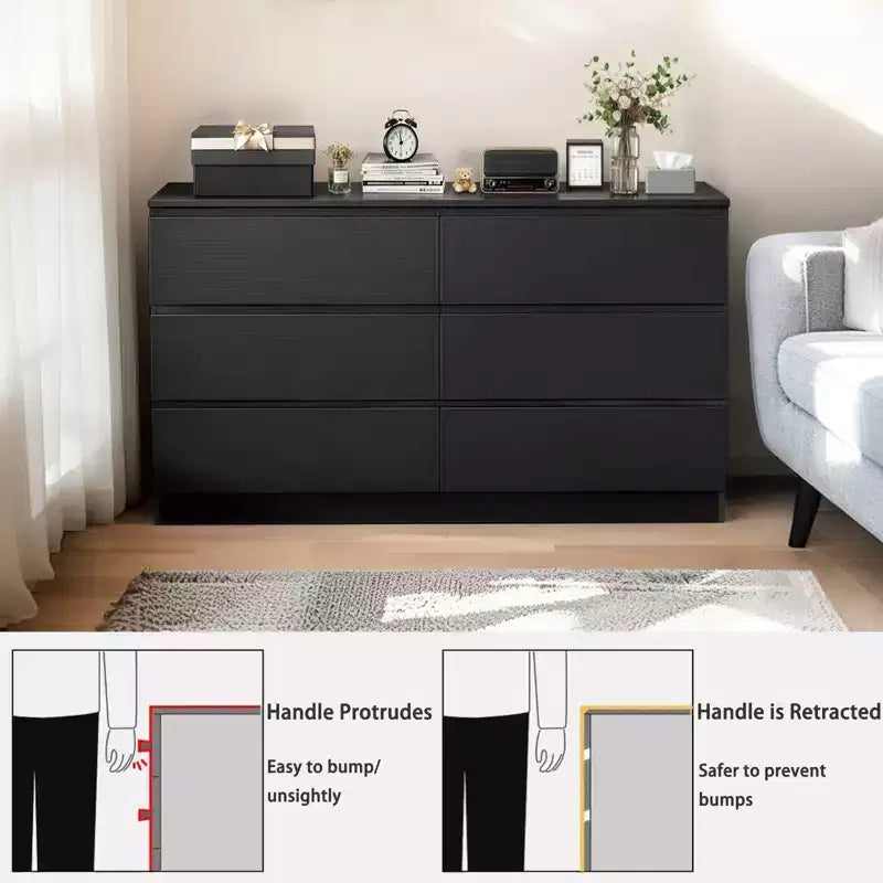 MAYEERTY Commode noire à 6 tiroirs, moderne, avec plateau spacieux, poignées dissimulées, 6 tiroirs profonds pour salon et entrée