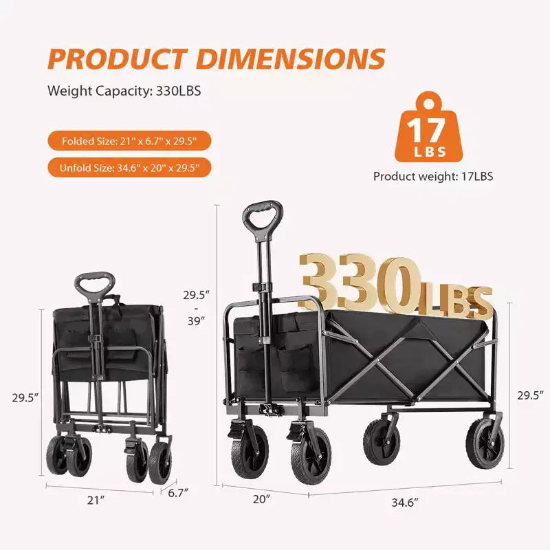 Chariot pliant tout-terrain robuste – Capacité de 150 kg pour le camping/les courses