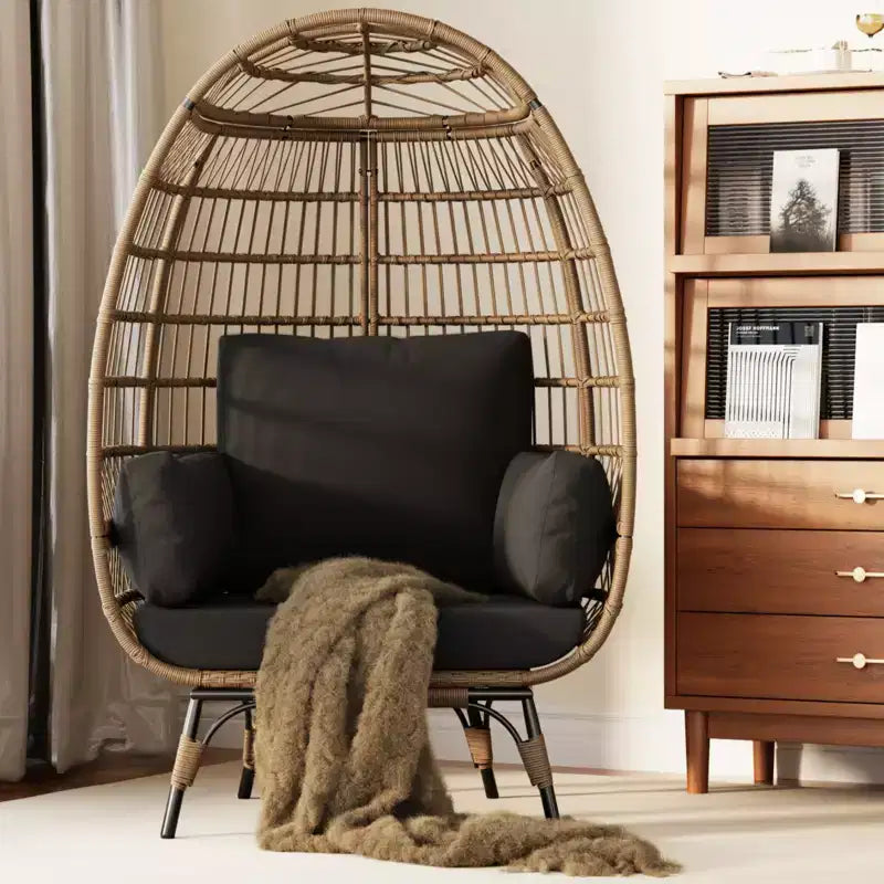 Fauteuil œuf, Fauteuil œuf en osier avec coussin moelleux, Cadre en acier et base en métal, Chaise longue pour intérieur et extérieur, salon et jardin