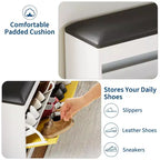 Banc de rangement pour chaussures GustoWave de 31,5'', banc de rangement pour chaussures moderne blanc avec tiroir rabattable et coussin en PU, meuble à chaussures d'entrée moderne pour couloir