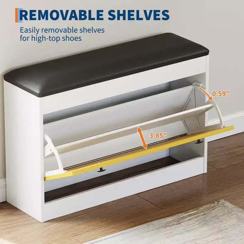 Banc de rangement pour chaussures GustoWave de 31,5'', banc de rangement pour chaussures moderne blanc avec tiroir rabattable et coussin en PU, meuble à chaussures d'entrée moderne pour couloir