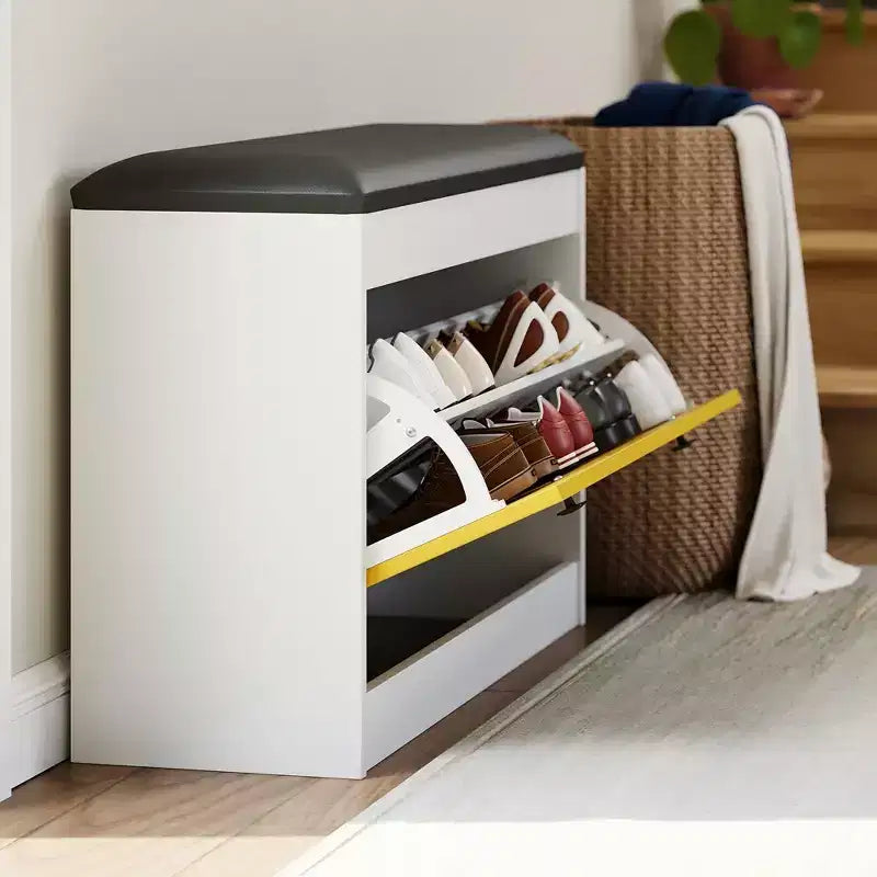 Banc de rangement pour chaussures GustoWave de 31,5'', banc de rangement pour chaussures moderne blanc avec tiroir rabattable et coussin en PU, meuble à chaussures d'entrée moderne pour couloir