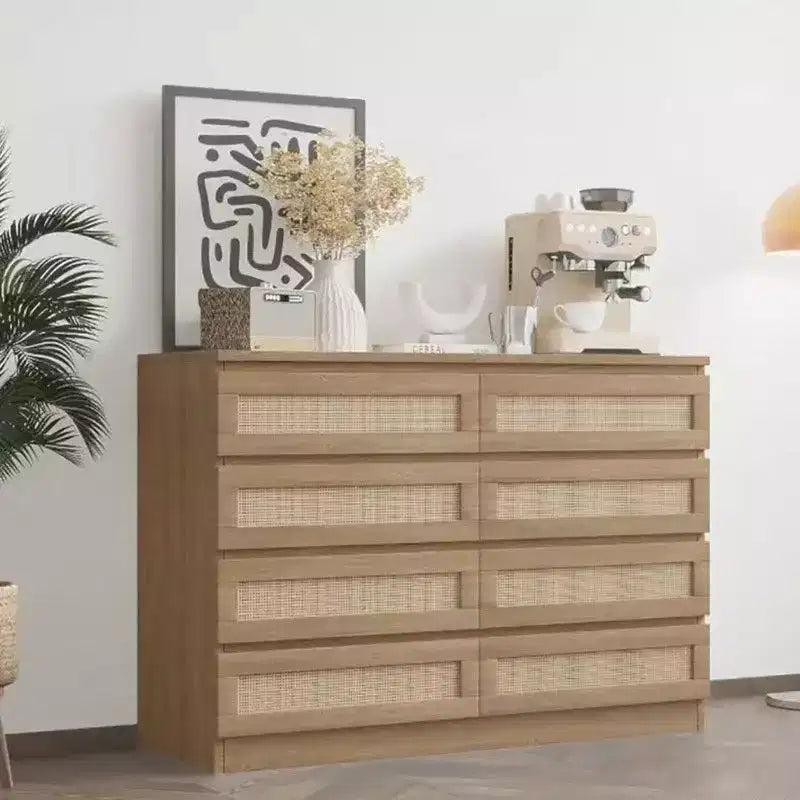 Grande commode de chambre à 8 tiroirs, commode moderne en rotin style ferme, commode étroite en bois, meuble TV multifonctionnel pour appartements et petits espaces