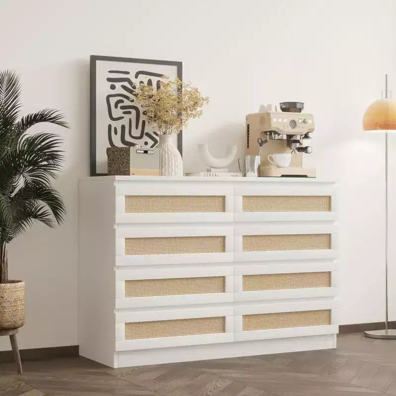 Grande commode de chambre à 8 tiroirs, commode moderne en rotin style ferme, commode étroite en bois, meuble TV multifonctionnel pour appartements et petits espaces