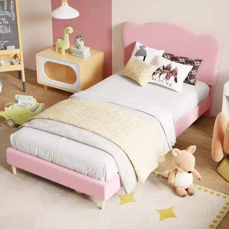 Cadre de lit double rembourré pour enfants avec tête de lit festonnée, lit double mignon en velours pour filles, garçons, lit plateforme robuste, rose