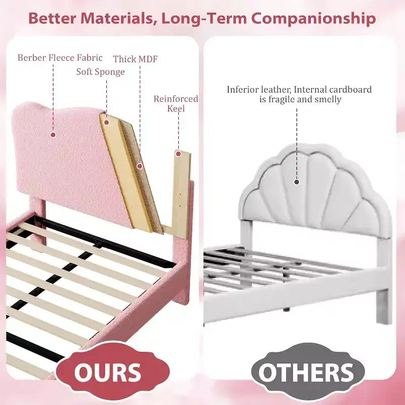 Cadre de lit double rembourré pour enfants avec tête de lit festonnée, lit double mignon en velours pour filles, garçons, lit plateforme robuste, rose