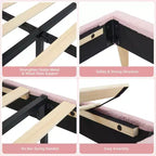 Cadre de lit double rembourré pour enfants avec tête de lit festonnée, lit double mignon en velours pour filles, garçons, lit plateforme robuste, rose