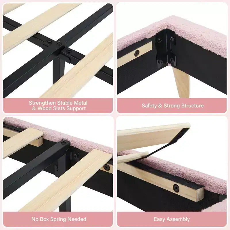 Cadre de lit double rembourré pour enfants avec tête de lit festonnée, lit double mignon en velours pour filles, garçons, lit plateforme robuste, rose
