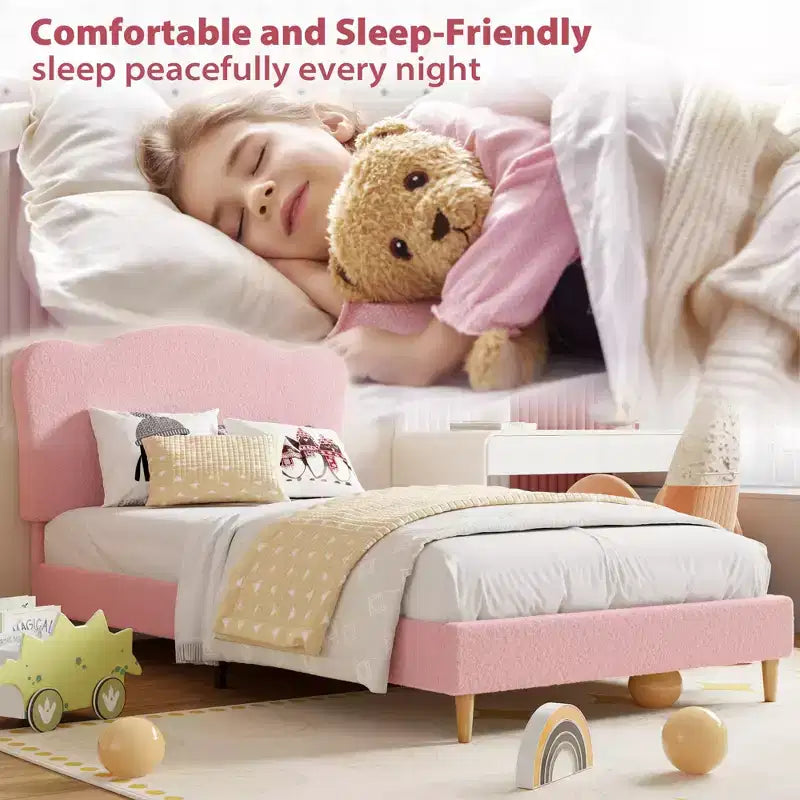 Cadre de lit double rembourré pour enfants avec tête de lit festonnée, lit double mignon en velours pour filles, garçons, lit plateforme robuste, rose
