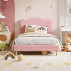 Cadre de lit double rembourré pour enfants avec tête de lit festonnée, lit double mignon en velours pour filles, garçons, lit plateforme robuste, rose