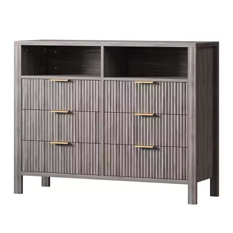 Commode à 6 tiroirs cannelés pour chambre à coucher, Grande commode large avec organisateur de rangement, Meuble TV tiroir de placard de style moderne du milieu du siècle pour salon