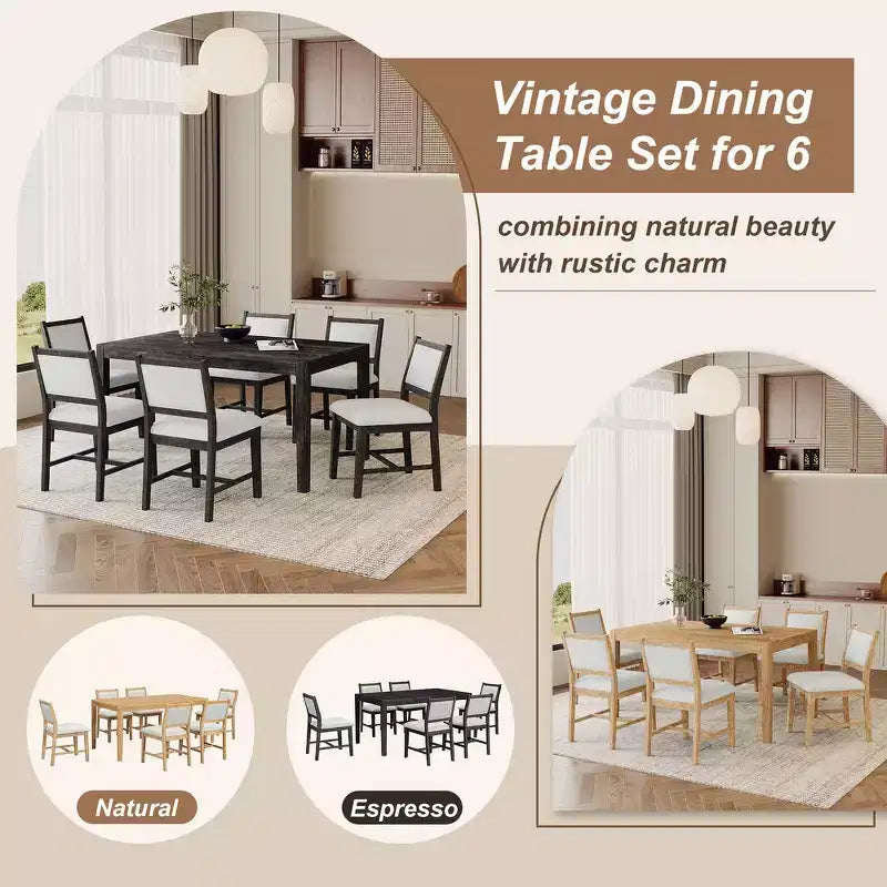 Ensemble de salle à manger Whisen Mid-Century 7 pièces pour 6 personnes, table en bois et chaises rembourrées confortables