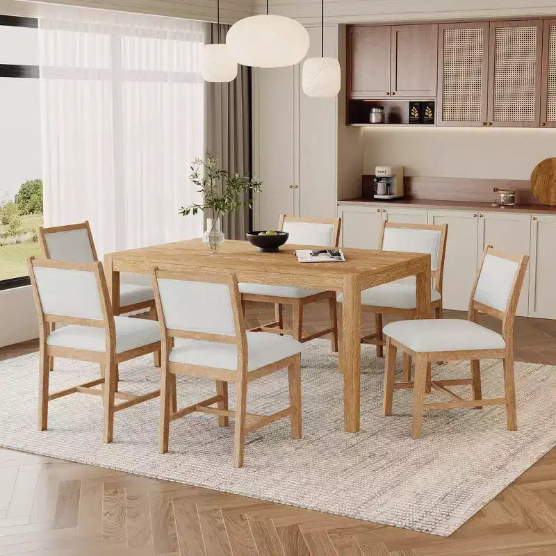 Ensemble de salle à manger Whisen Mid-Century 7 pièces pour 6 personnes, table en bois et chaises rembourrées confortables