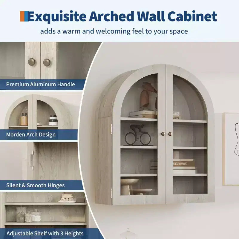Petit meuble mural arqué avec portes vitrées, armoire de rangement murale de 61 cm avec étagère réglable, pour cuisine, salle de bain, buanderie