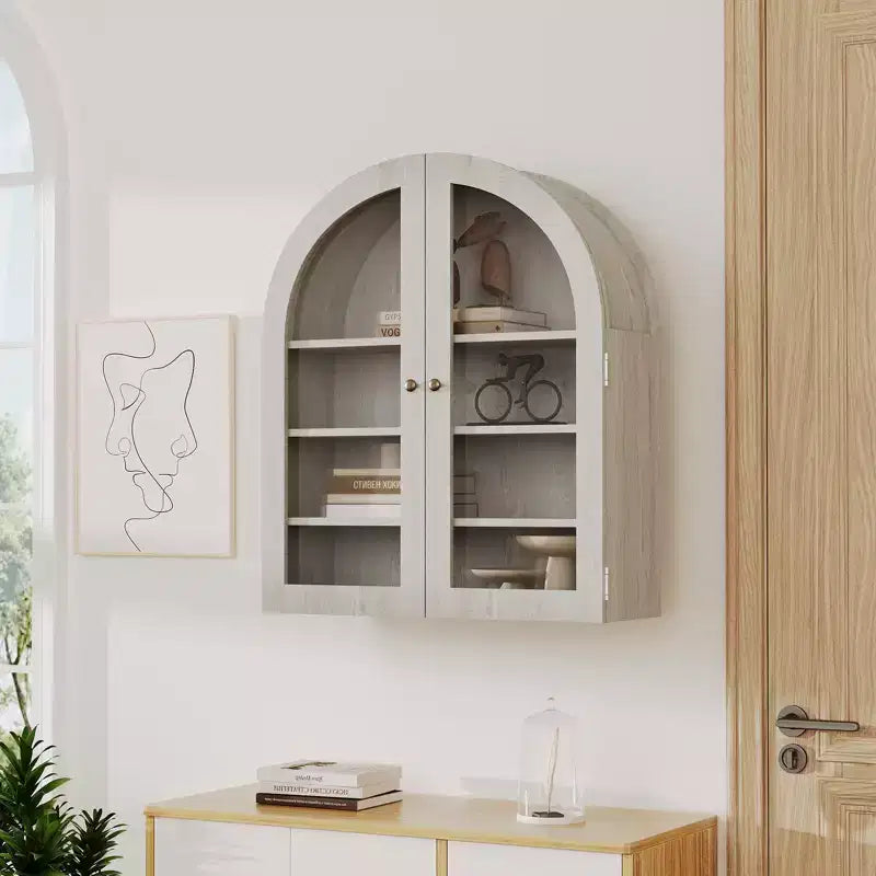 Petit meuble mural arqué avec portes vitrées, armoire de rangement murale de 61 cm avec étagère réglable, pour cuisine, salle de bain, buanderie
