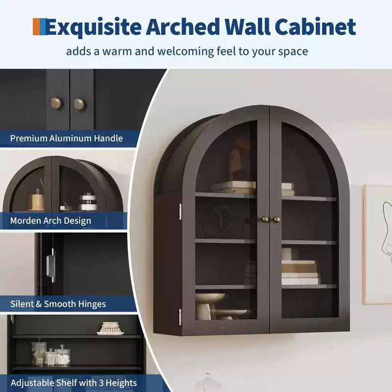 Petit meuble mural arqué avec portes vitrées, armoire de rangement murale de 61 cm avec étagère réglable, pour cuisine, salle de bain, buanderie