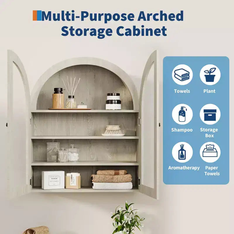 Petit meuble mural arqué avec portes vitrées, armoire de rangement murale de 61 cm avec étagère réglable, pour cuisine, salle de bain, buanderie