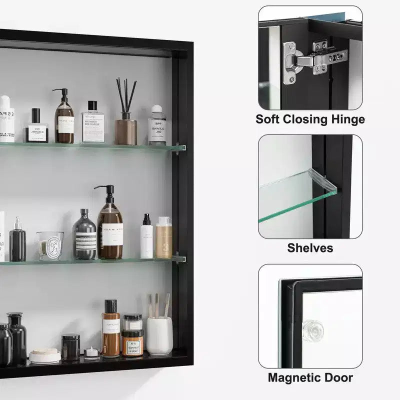 PexFix Armoire de toilette 66 x 50,8 cm avec miroir, cadre en acier inoxydable et 2 étagères réglables, armoires à pharmacie murales, miroirs rectangulaires encastrés, noir