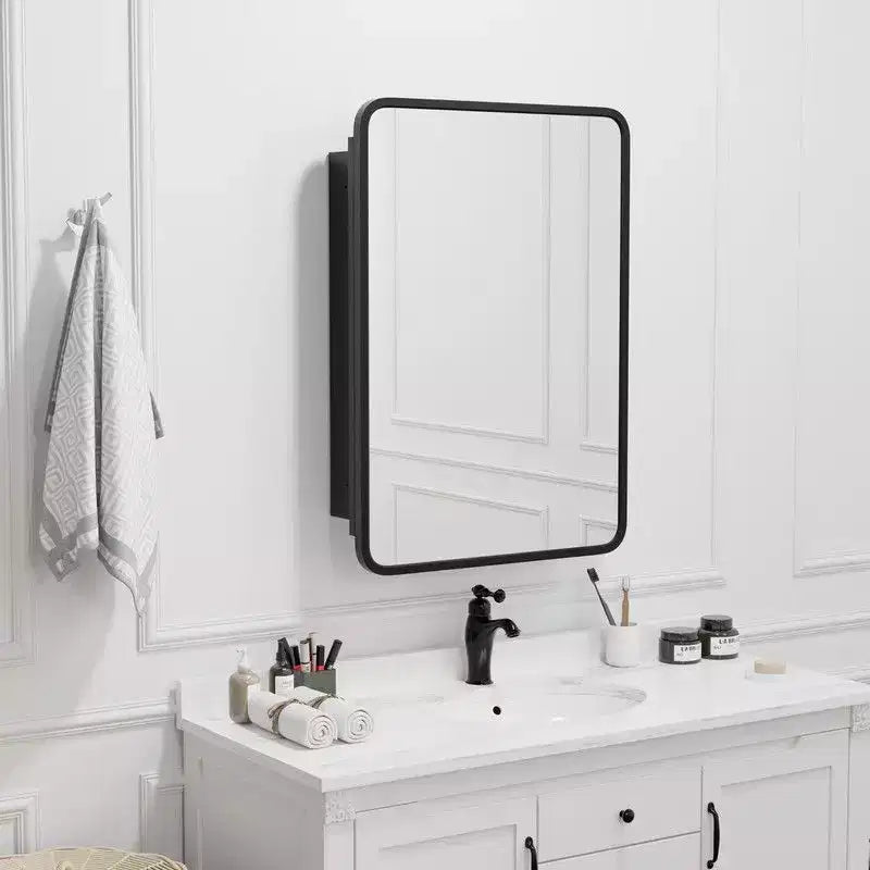 PexFix Armoire de toilette 28 x 20 avec miroir Cadre en acier inoxydable et 2 étagères réglables Armoires à pharmacie murales Miroirs Rectangulaire Encastré Noir
