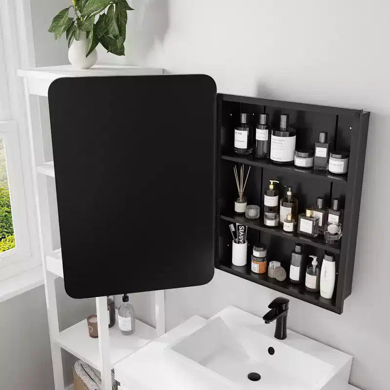 PexFix Armoire de toilette 28 x 20 avec miroir Cadre en acier inoxydable et 2 étagères réglables Armoires à pharmacie murales Miroirs Rectangulaire Encastré Noir