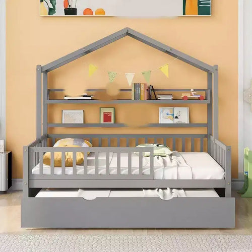 Acekool Full Size House Bed Frame for Kids with Storage Drawers, Safety Rails, Roof Design, Playhouse Bed, White