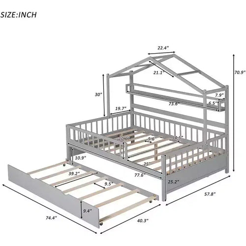 Cadre de lit maison pleine grandeur Acekool pour enfants avec tiroirs de rangement, rails de sécurité, toit design, lit cabane, blanc