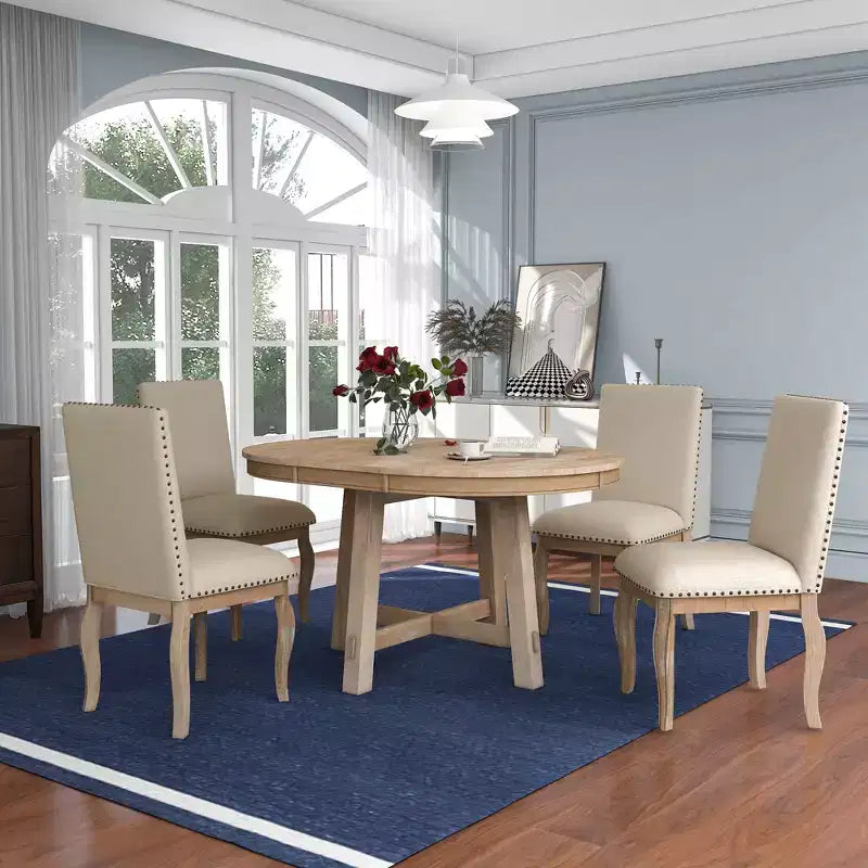 Ensemble de salle à manger 5 pièces style ferme, table à manger ronde extensible en bois et 4 chaises rembourrées