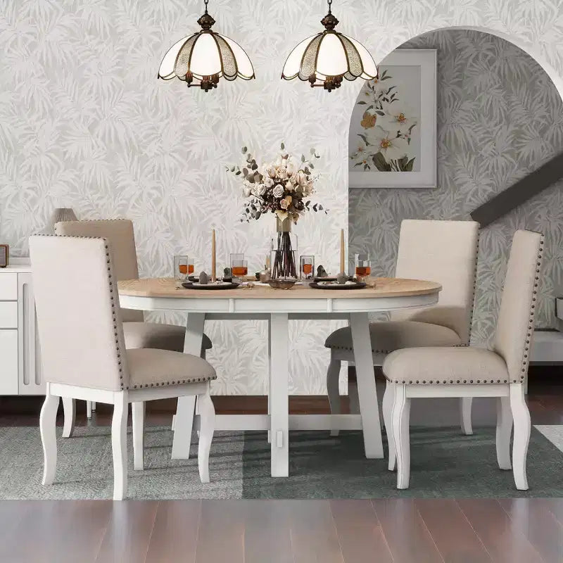 Ensemble de salle à manger 5 pièces style ferme, table à manger ronde extensible en bois et 4 chaises rembourrées