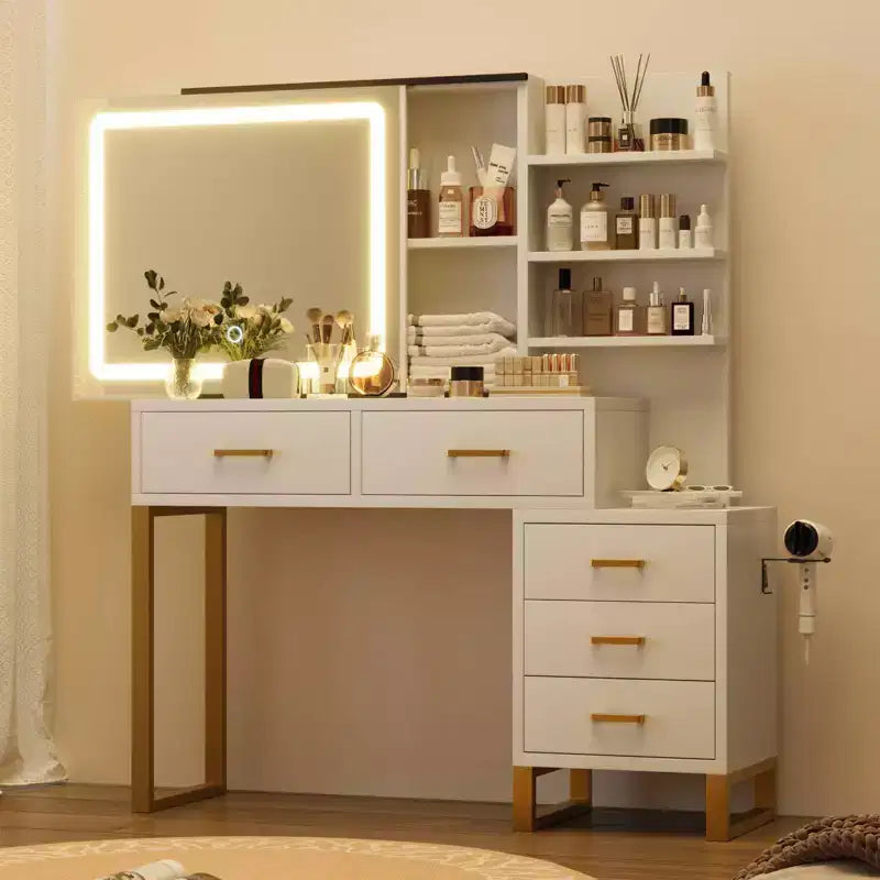 Coiffeuse GustoWave avec miroir, station de charge, lumières LED à 3 modes d'éclairage, 5 grands tiroirs et 3 niveaux d'étagères ouvertes