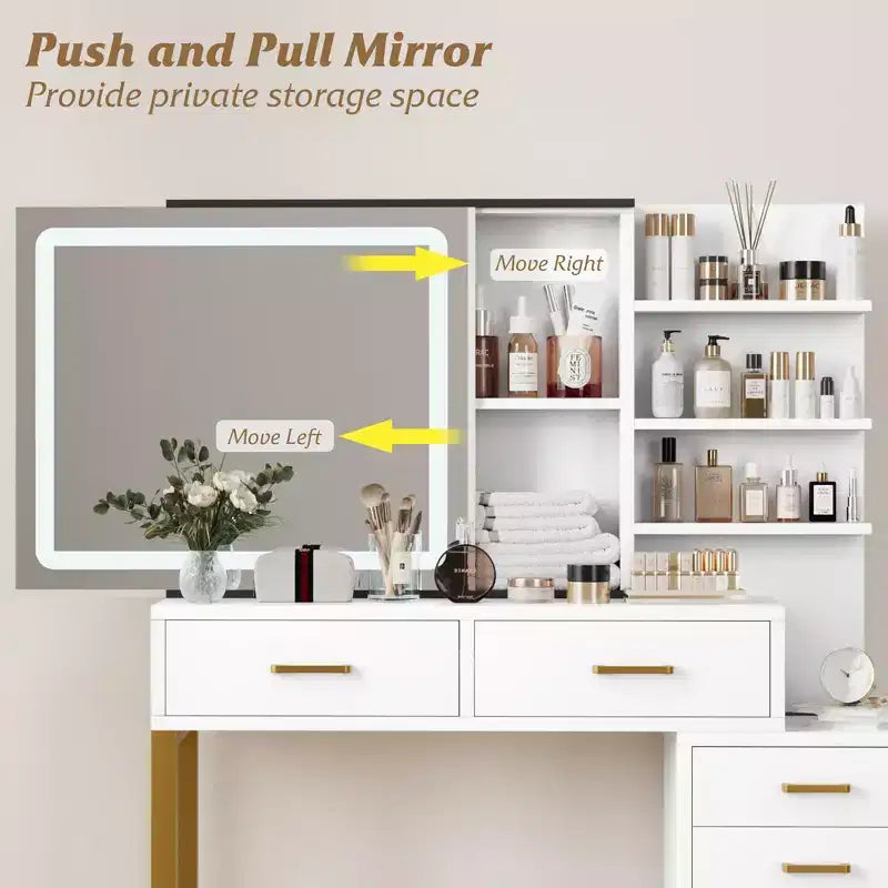 Coiffeuse GustoWave avec miroir, station de charge, lumières LED à 3 modes d'éclairage, 5 grands tiroirs et 3 niveaux d'étagères ouvertes