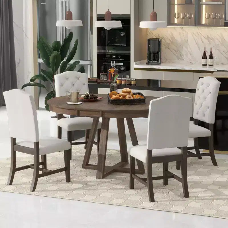 Ensemble de salle à manger extensible 5 pièces pour 4 personnes, table ronde avec rallonge et 4 chaises rembourrées
