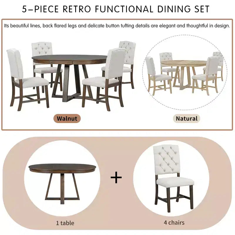 Ensemble de salle à manger extensible 5 pièces pour 4 personnes, table ronde avec rallonge et 4 chaises rembourrées