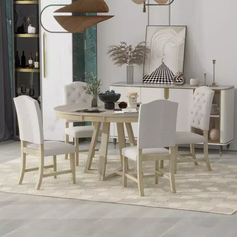 Ensemble de salle à manger extensible 5 pièces pour 4 personnes, table ronde avec rallonge et 4 chaises rembourrées