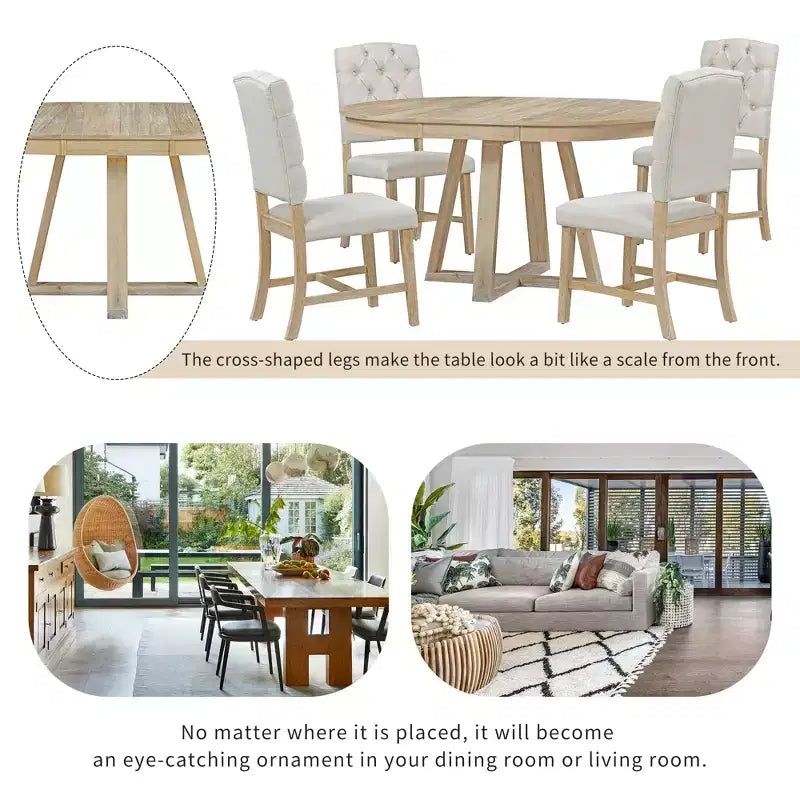 Ensemble de salle à manger extensible 5 pièces pour 4 personnes, table ronde avec rallonge et 4 chaises rembourrées