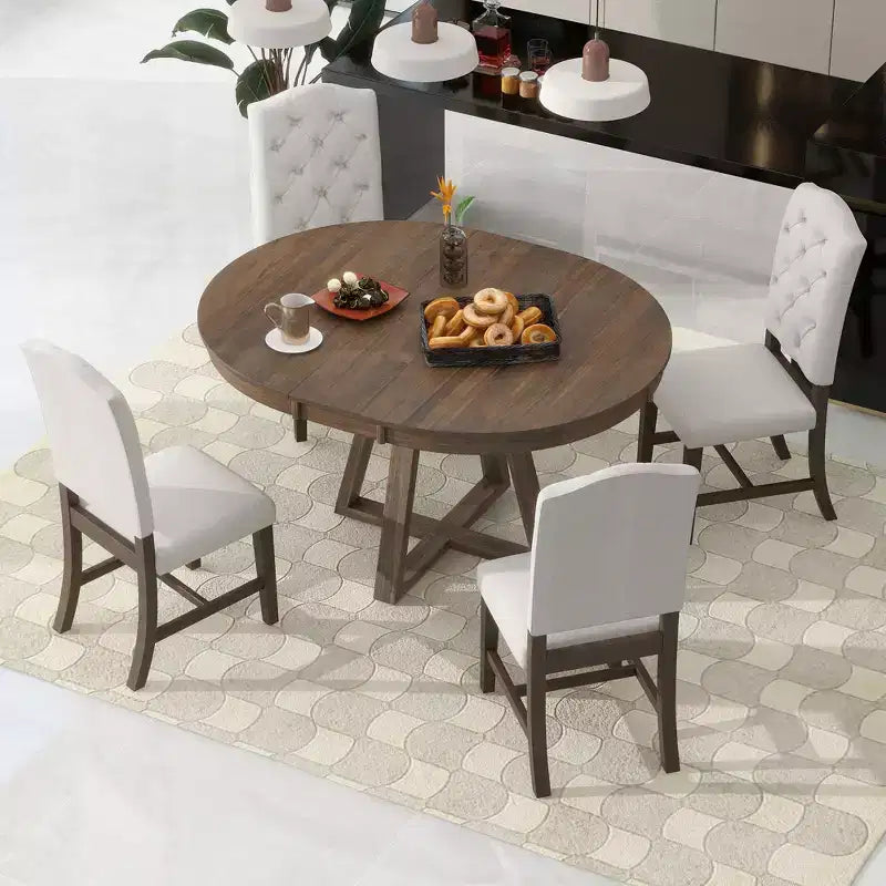Ensemble de salle à manger extensible 5 pièces pour 4 personnes, table ronde avec rallonge et 4 chaises rembourrées