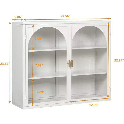 Meuble Mural Double Porte Vitrée 27,56 po, Armoire de Cuisine Vitrine, Style Minimaliste Moderne, Rangement à Trois Niveaux, Fer et Verre Trempé, Montage Facile