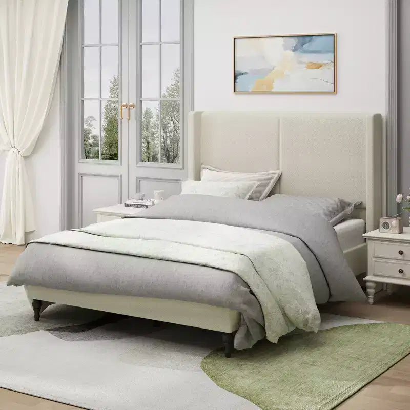 GDFStudio Winfred Boucle Upholstered Wood Bed with 55 Wingback Headboard