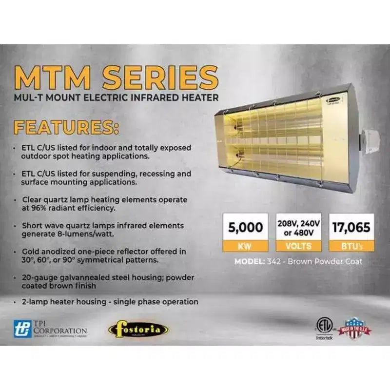 Chauffage électrique à quartz infrarouge Fostoria, monophasé, acier galvanisé, 480 V CA