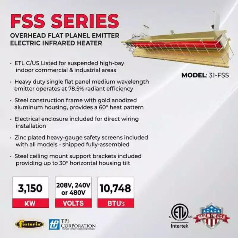 Radiateur électrique infrarouge suspendu Fostoria, monophasé, aluminium, 208V CA F31-FSS-1