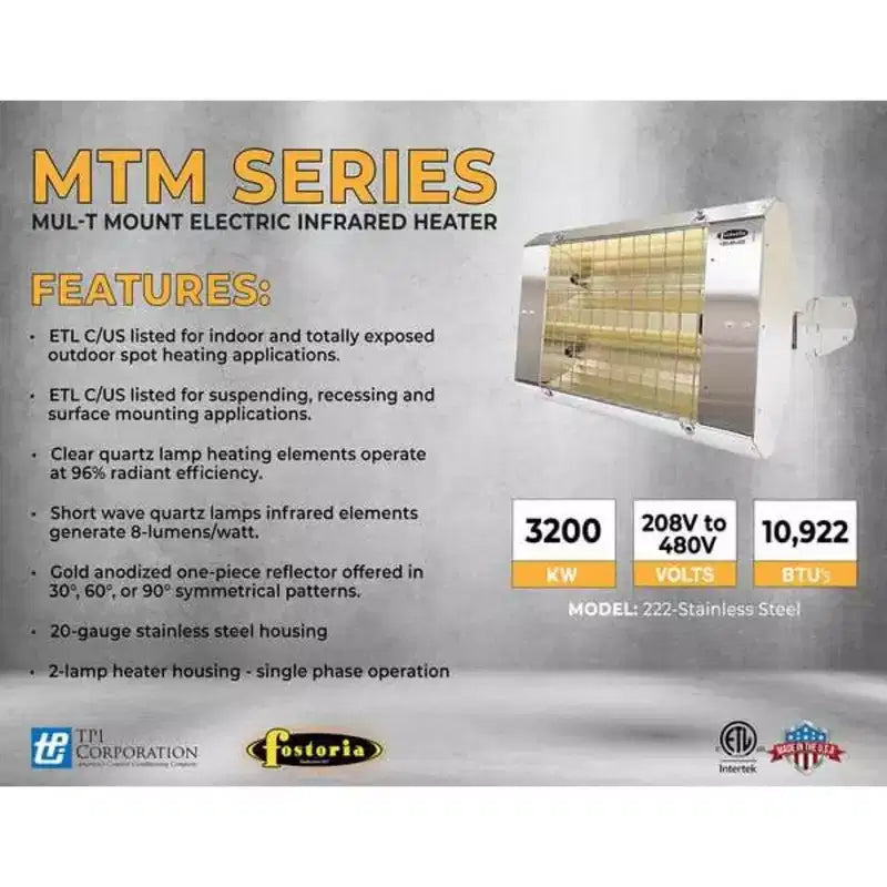 Chauffage électrique à quartz infrarouge Fostoria, monophasé, acier inoxydable, 240 V CA