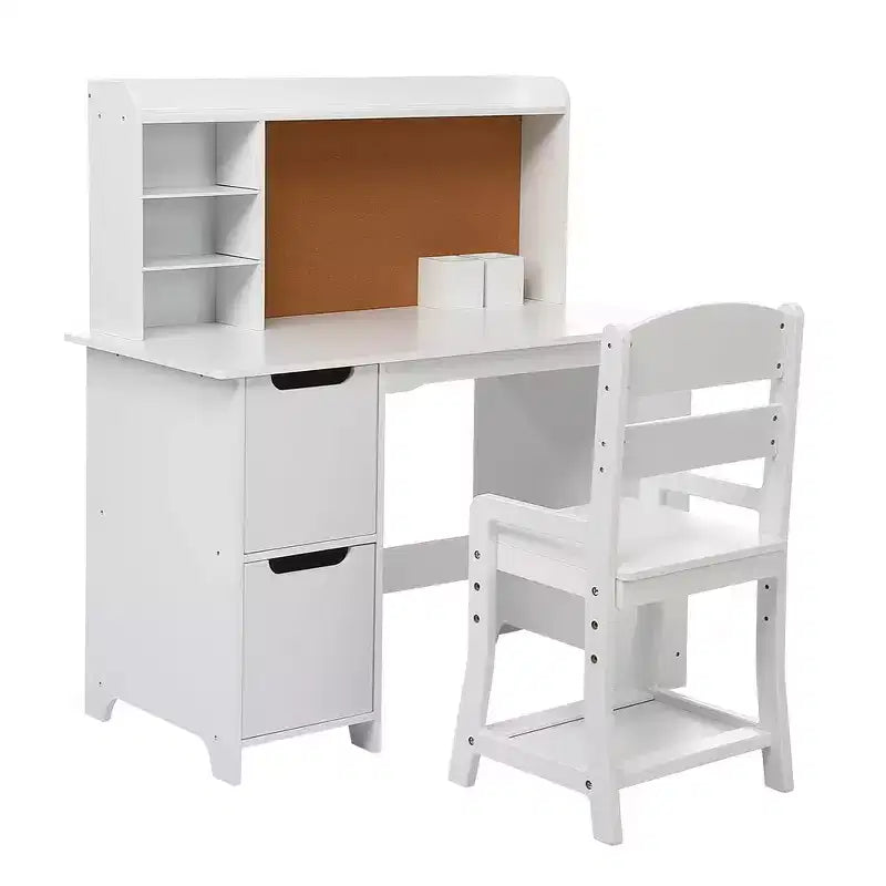 Bureau d'étude blanc et ensemble chaise avec étagère, tableau d'affichage et armoires - Idéal pour les garçons et les filles âgés de 3 à 8 ans