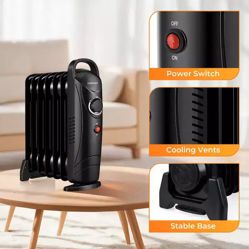Chauffage à huile portable Costway 700 W avec thermostat réglable et zone de chauffe de 11 m² Noir/Blanc